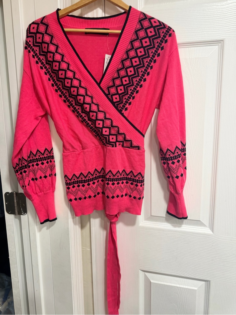 New York & Company Bright Pink Wrap Sweater with Black Geometric Trim